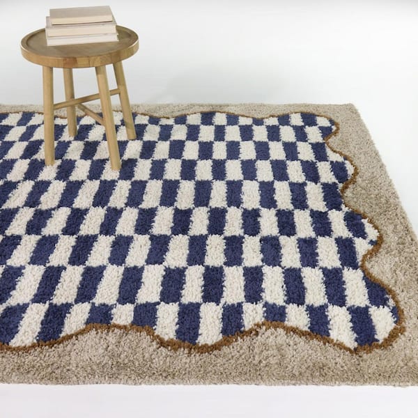 Timandra Navy/Beige 5 ft. x 7 ft. Checkered Scallop Border Area Rug