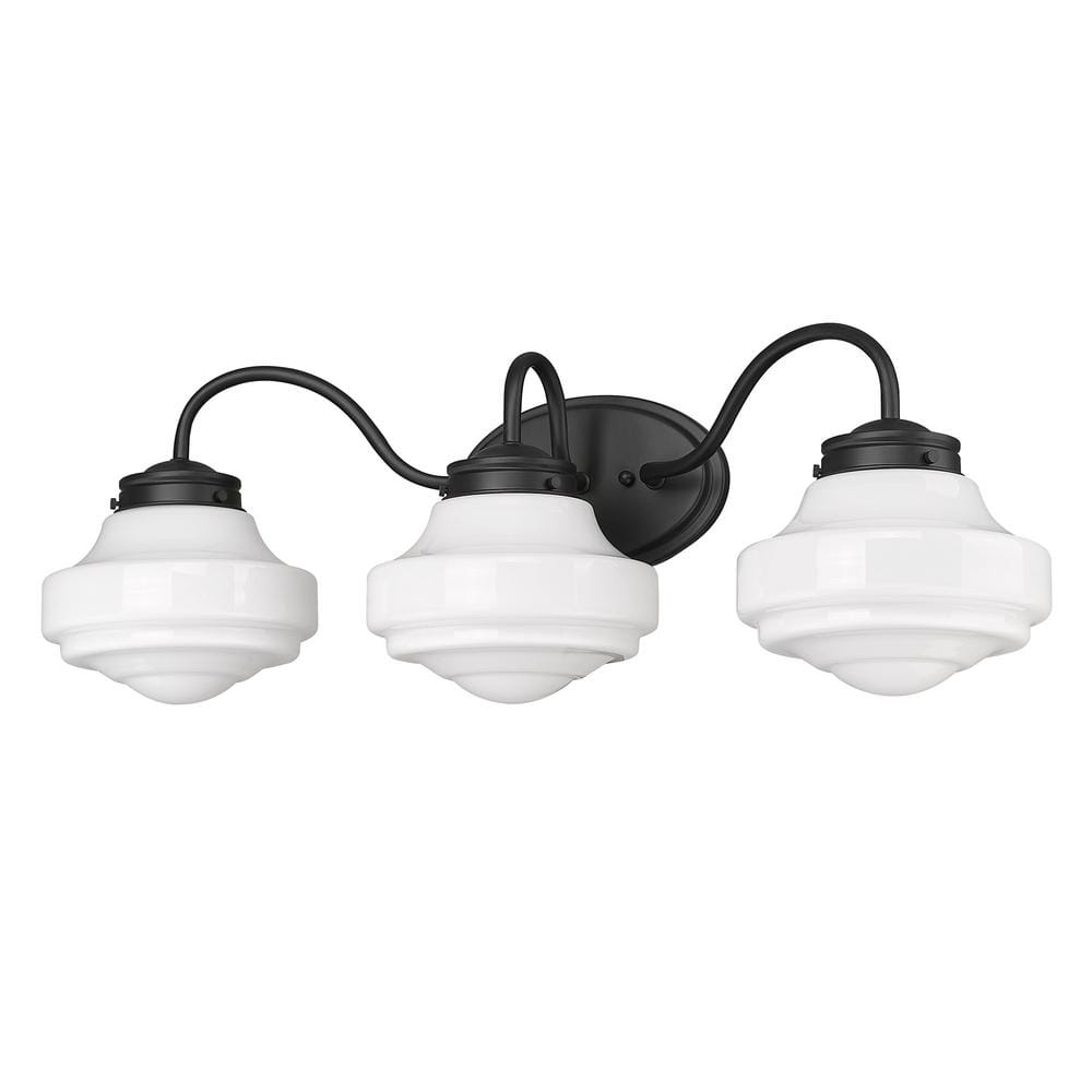 Matte Black and White Glass 3-Light Bath Vanity Fixture