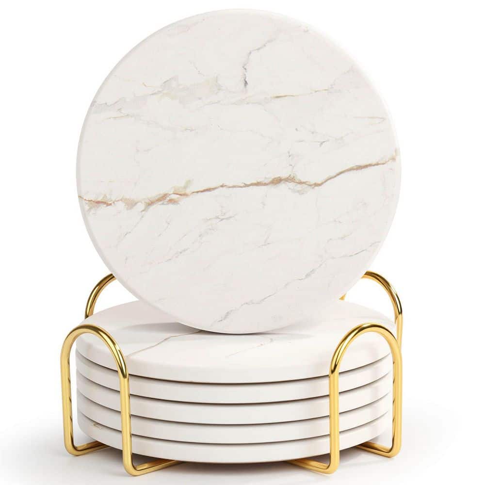 White Drink Coasters Set 6 Piece Ceramic Marble Style Absorbent Non-Slip Cork Pad with Metal Holder for Home Decor
