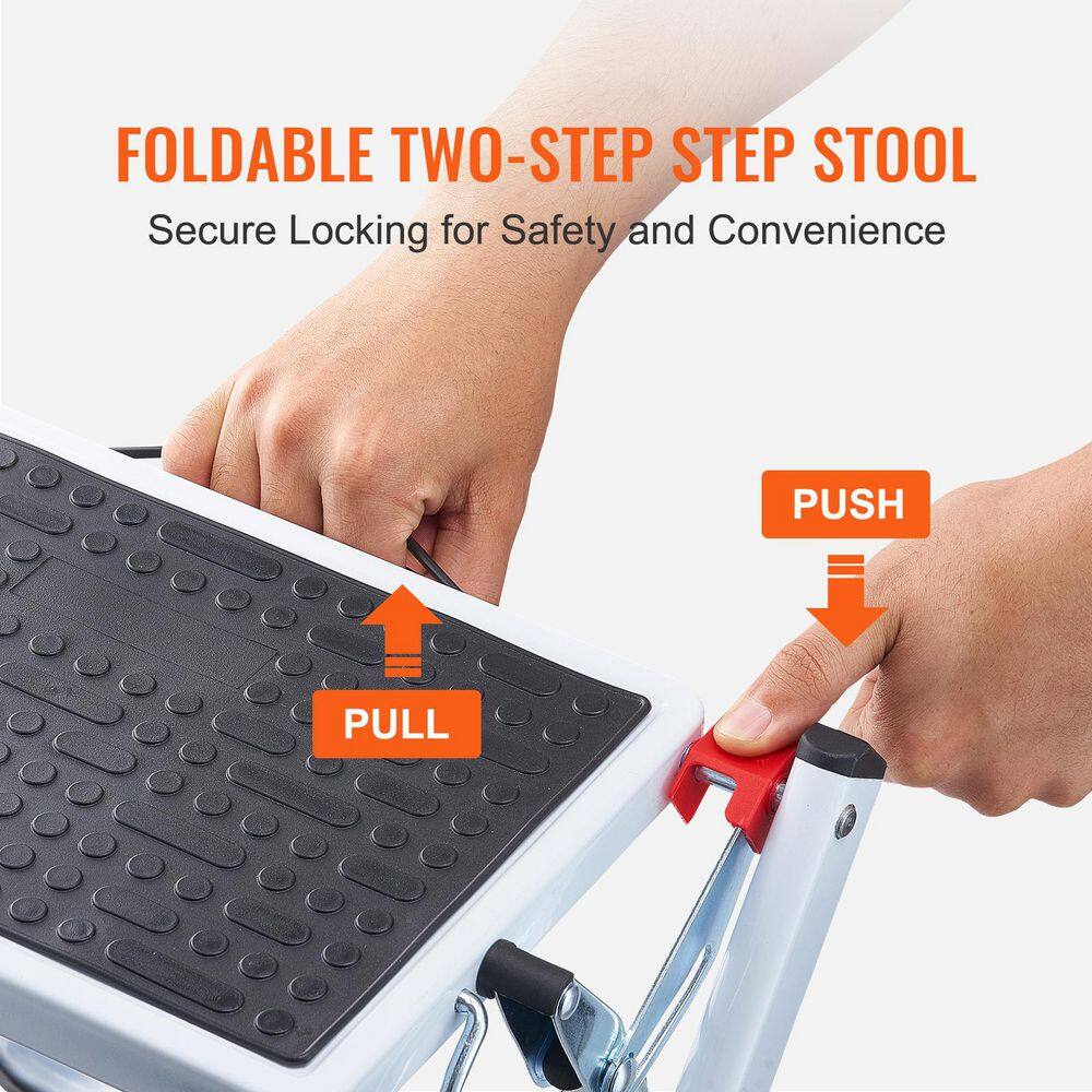 White Foldable 2-Step Steel Ladder with Anti-Slip Pedals