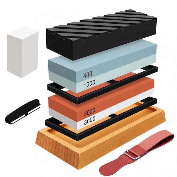 4-Side Emery Grit Whetstone, Knife Sharpening Stone with Non-slip Base, Leather Strop, Flattening Stone and Angle Guide