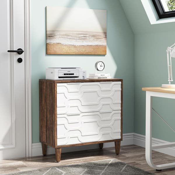 BYBLIGHT Atencio Brown White Wood 31.5 in. Vertical Simple Modern Industrial File Cabinet Printer Stand 2-Drawer Freestanding