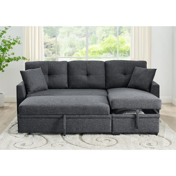 85 in. Gray Convertible Polyester Queen Size Sofa Bed with Storage and Tufted Cushions for Bedroom, Living Room