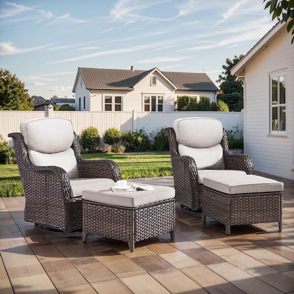 Luxury Brown Swivel Glider Wicker Patio Conversation Set with Beige Olefin 5 in. Thick Cushions/Ottoman (4-Piece)