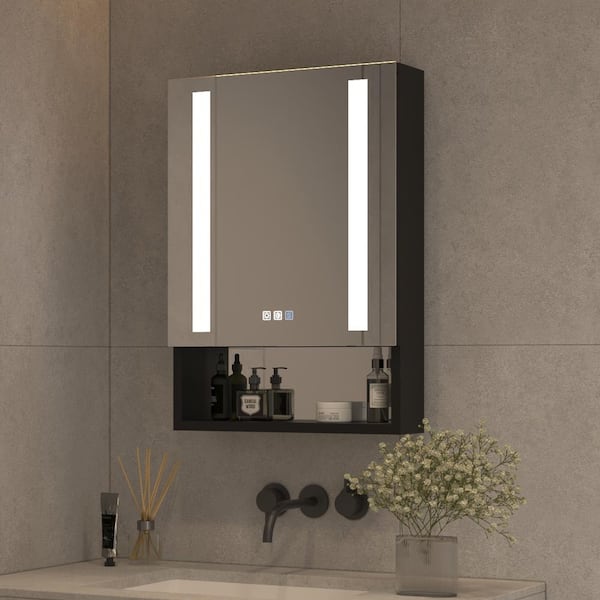 WELLFOR 20 in. W x 28 in. H Rectangular Black Aluminum Recessed/Surface Mount Left LED Medicine Cabinet with Mirror, Open Shelf