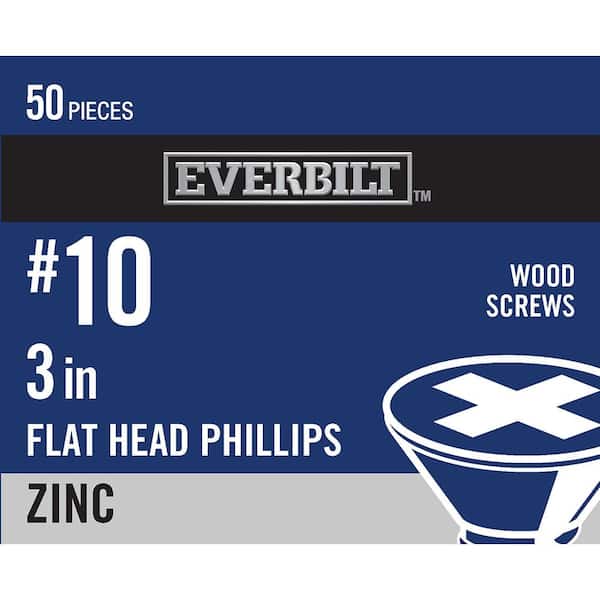 Everbilt #10 x 3 in. Phillips Flat Head Zinc Plated Wood Screw (50-Pack)