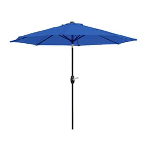 Sunshadow 9 ft. Tilt and Crank Table Patio Umbrella with Round Resin Base in Royal Blue