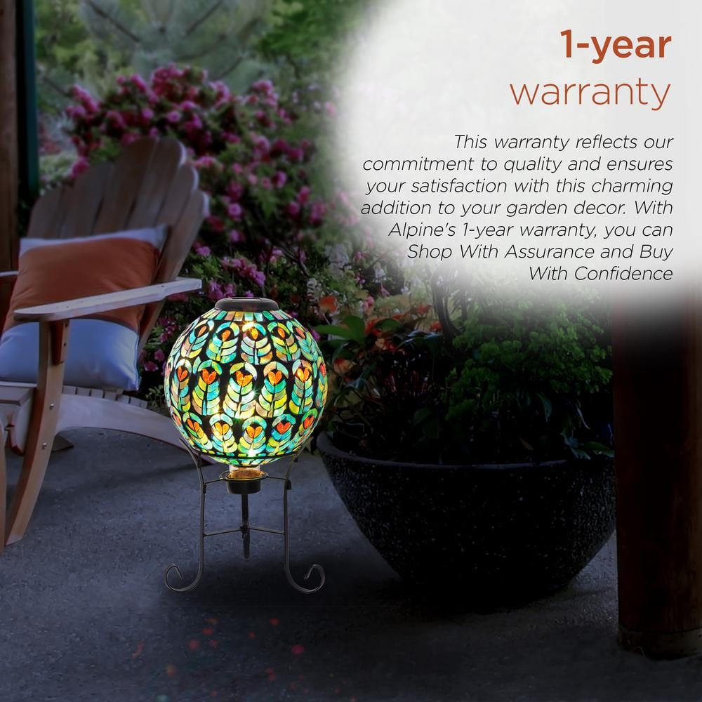 Solar Multicolor Glass Peacock Feather Mosaic Gazing Globe with Metal Stand