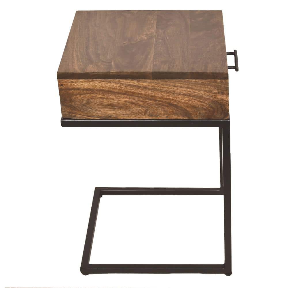 Brown Mango Wood Side Table with Black Iron Base and Drawer