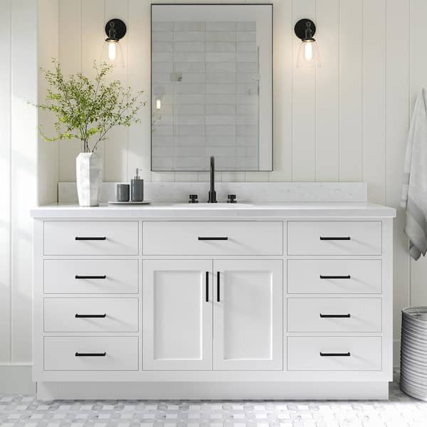 ARIEL Hepburn 66 in. W x 22 in. D x 36 in. H Single Sink Freestanding Bath Vanity in White with Carrara Quartz Top