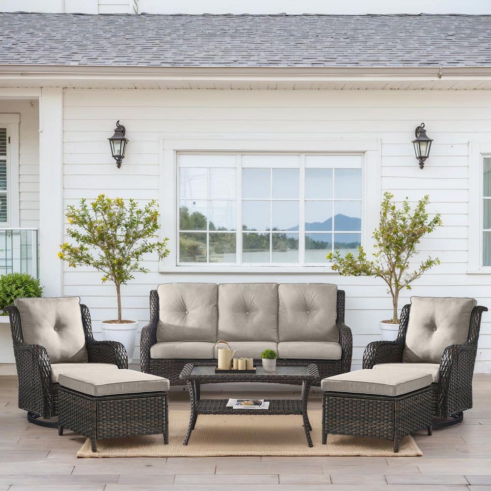 Carlos 6-Piece Brown Wicker Patio Conversation Set with Outdoor Swivel Chairs, CushionGuard Beige Cushion and Ottomans price history on PriceWatchPro