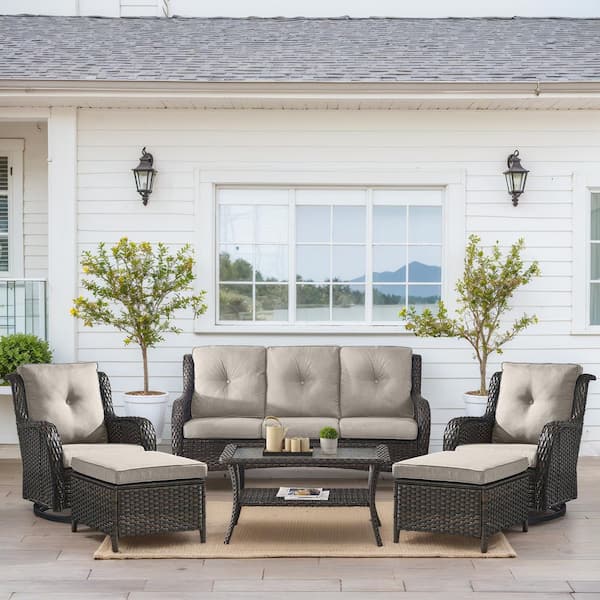 Carlos 6-Piece Brown Wicker Patio Conversation Set with Outdoor Swivel Chairs, CushionGuard Beige Cushion and Ottomans