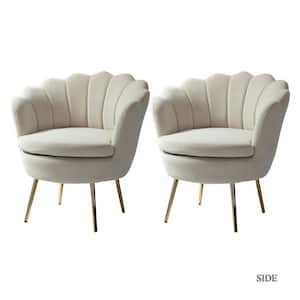 Fidelia Golden Legs Tan Tufted Barrel Chair with Scalloped Seashell Edges (Set of 2)
