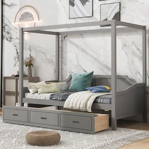 Gray Twin Wood Canopy Daybed with 3 in 1 Drawers
