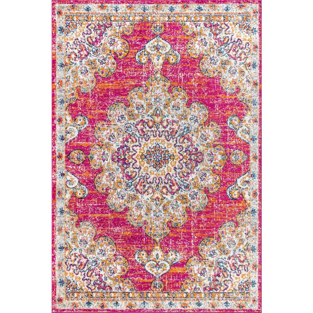 Bohemian Flair Pink and Cream Synthetic Medallion Area Rug
