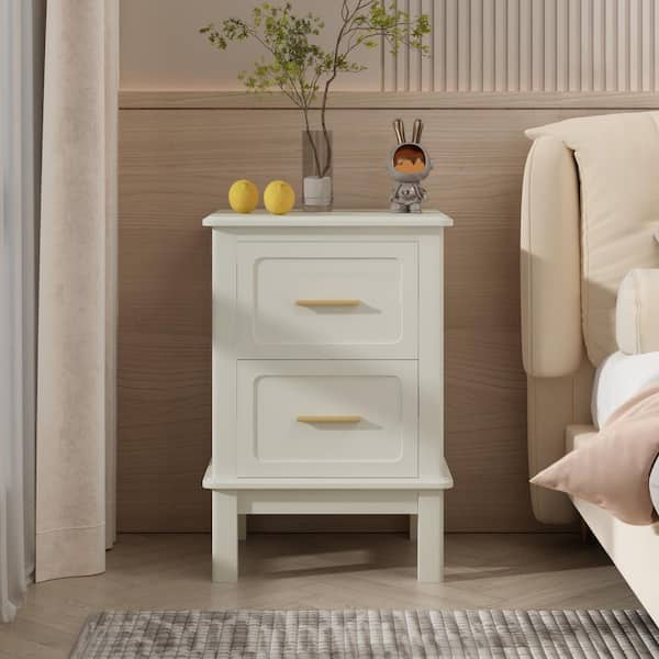 Modern Off White 2 Drawer 15.75 in. W MDF Wood Nightstand, Bedside Table with Gold Handles