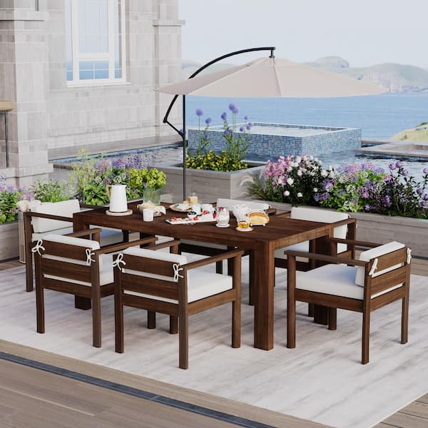 7-Piece Mocha Brown Acacia Wood Outdoor Dining Set with Beige Cushions, Umbrella Hole