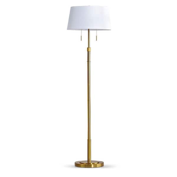 HomeGlam Grande 68 in. Brushed Brass 2-Lights Adjustable Height Standard Floor Lamp with Empire White Shade
