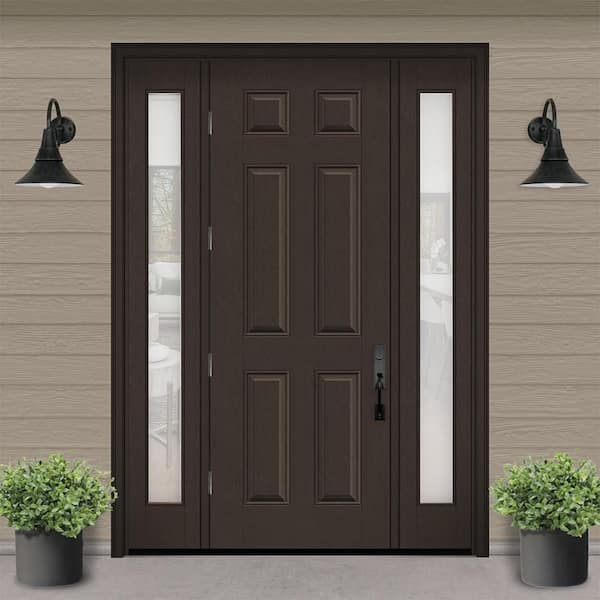 Regency 68 in. x 96 in. 6 Panel RHOS Hickory Stain Mahogany Fiberglass Prehung Front Door w/Obscure14in. SLs 4-9/16