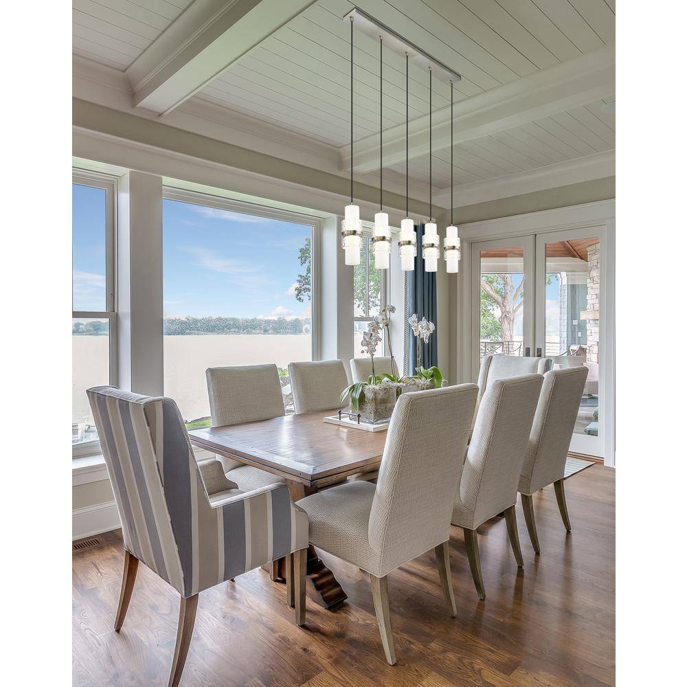 Brushed Nickel 5-Light Linear Chandelier with Etched Opal Glass Shades