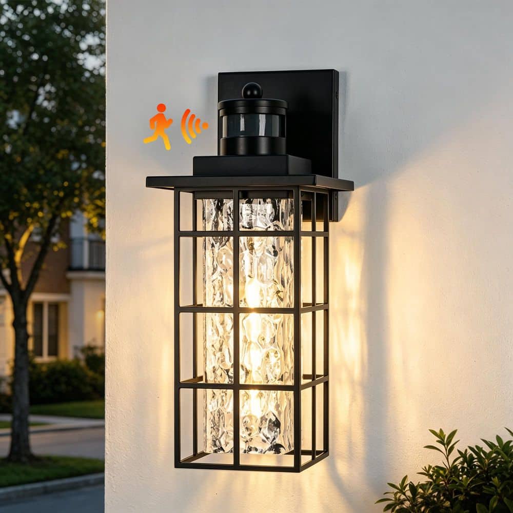 15 in. 1-Light Matte Black Motion Sensing Dusk to Dawn Hardwired Outdoor Wall Lantern Sconce with Hammered Glass Shade price history on PriceWatchPro