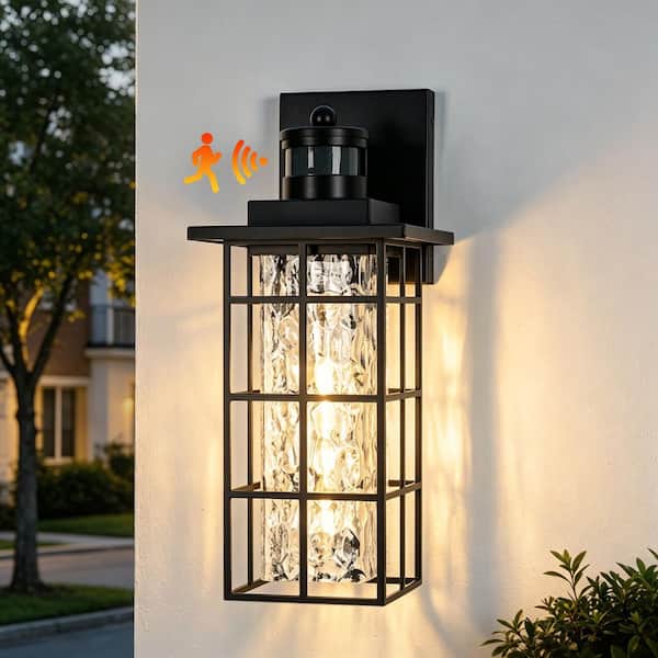 15 in. 1-Light Matte Black Motion Sensing Dusk to Dawn Hardwired Outdoor Wall Lantern Sconce with Hammered Glass Shade