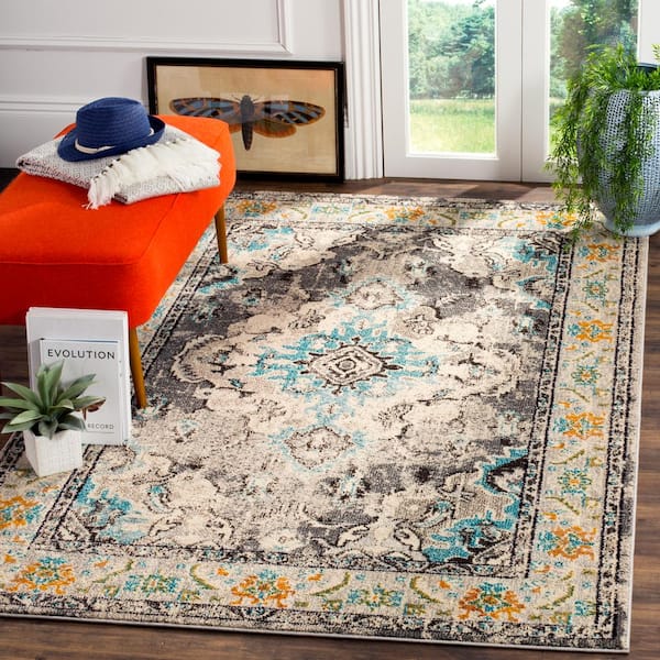 Monaco Gray/Light Blue Doormat 3 ft. x 3 ft. Distressed Border Medallion Square Area Rug