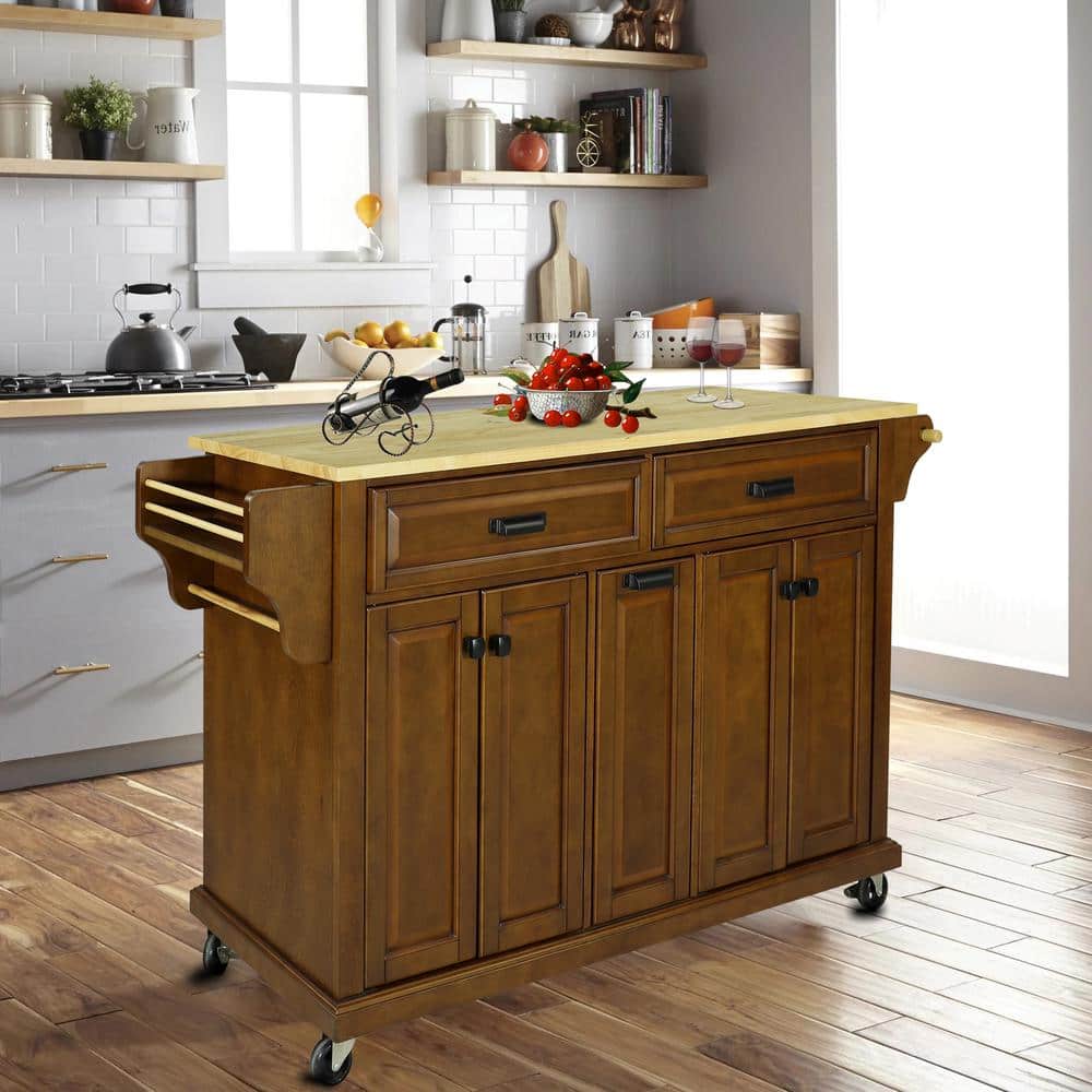 Brown Natural Wood 60.5 in. Kitchen Island with Storage for Living Room Kit