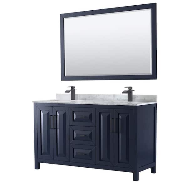 Wyndham Collection Daria 60 in. W x 22 in. D x 35.75 in. H Double Bath Vanity in Dark Blue with White Carrara Marble Top and 58 in. Mirror