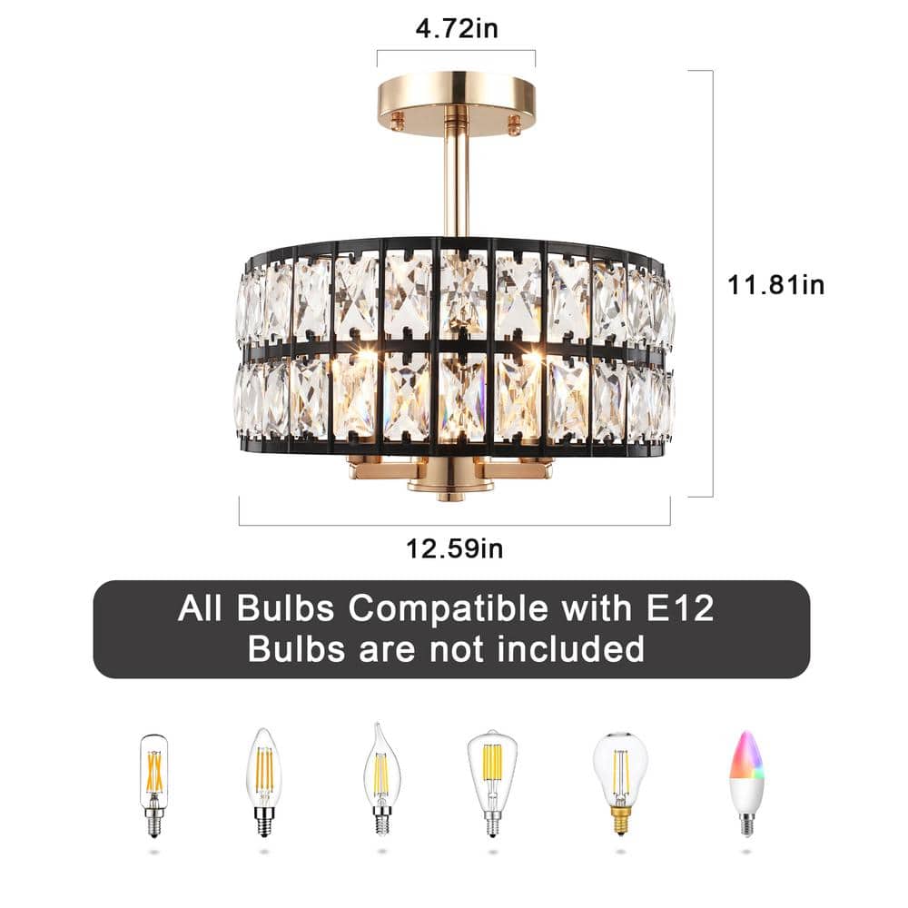 Black Metal and Crystal Drum Semi-Flush Mount Ceiling Light