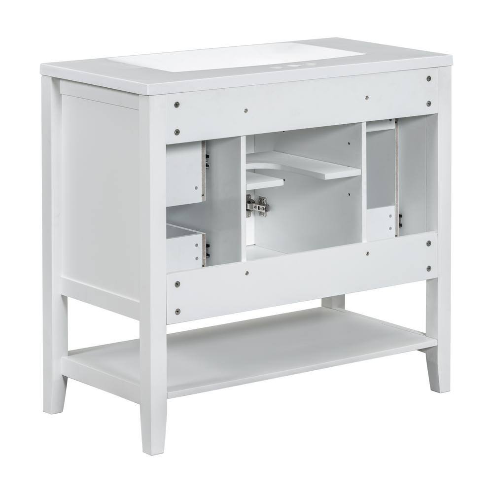 36" White MDF and Ceramic Single Sink Bathroom Vanity with Drawers