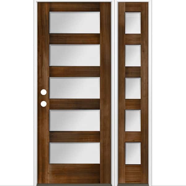 Krosswood Doors 50 in. x 80 in. Modern Douglas Fir 5-Lite Left-Hand/Inswing Frosted Glass Provincial Stain Wood Prehung Front Door