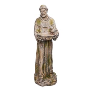 Old World St. Francis Statue with Bird Feeder with Mossy Finish