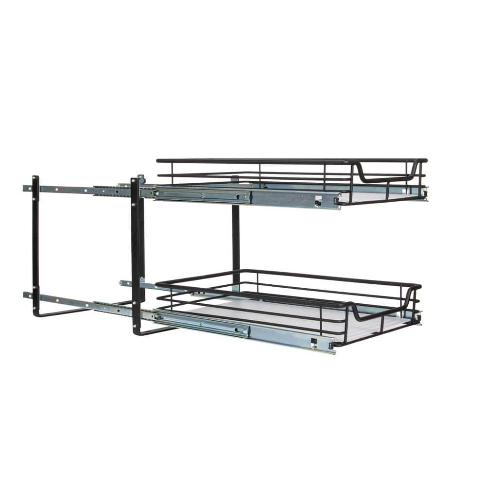 Black Dual-Slide 2-Tier Steel Storage Organizer with Plastic Liners