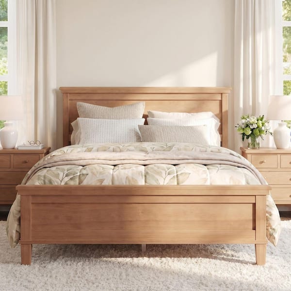 Brown Wood Frame Queen Platform Bed with Headboard and Wood Slat Support