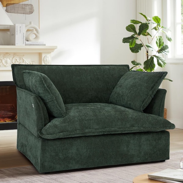 Green 47.2 in. Oversized Chenille Accent Arm Chair with Dual-Port Charging, Throw Pillows, Cloud-Like Comfy Single Sofa