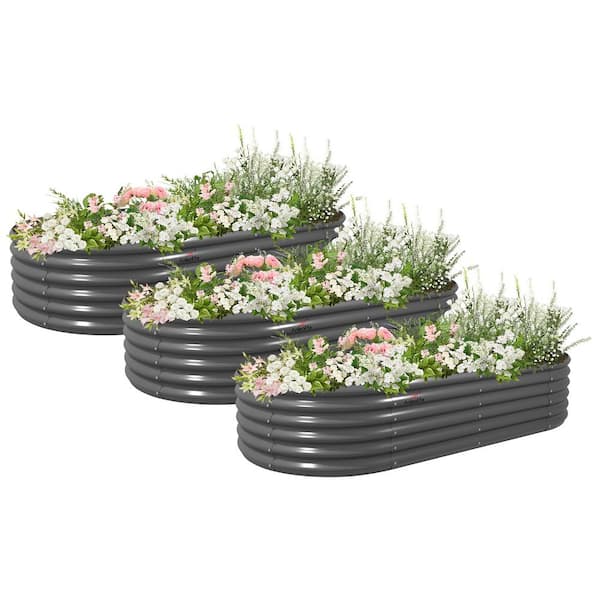 Runesay 8 ft. x 4 ft. x 1.5 ft. Outdoor Alloy Steel Quartz Gray Galvanized Raised Oval Planter Bed Boxes for Garden(3-Pack)