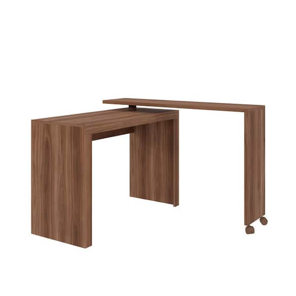 Manhattan Comfort Calabria 47.24 in. Mid-Century Modern L-Shaped Nut Brown Wood Computer Desk with Wheels