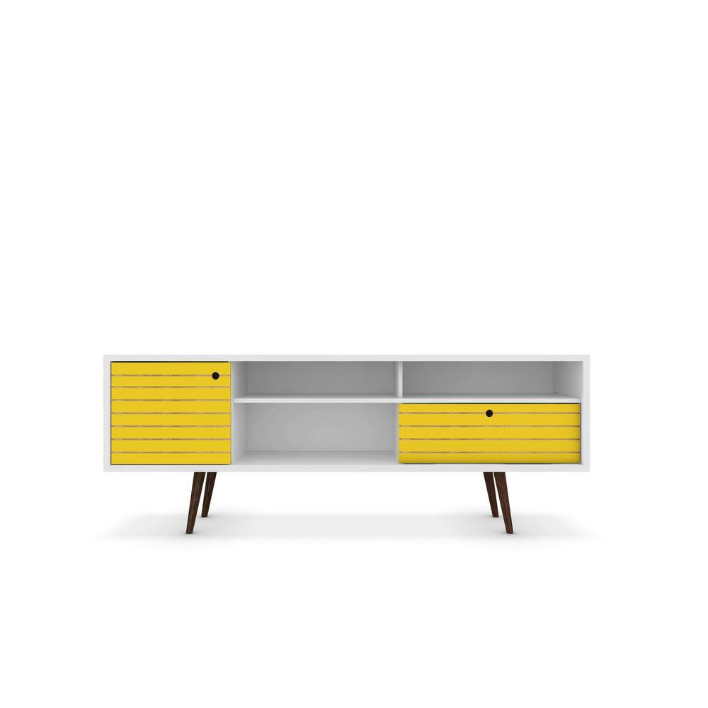 White and Yellow Mid-Century Modern TV Stand with Cabinet