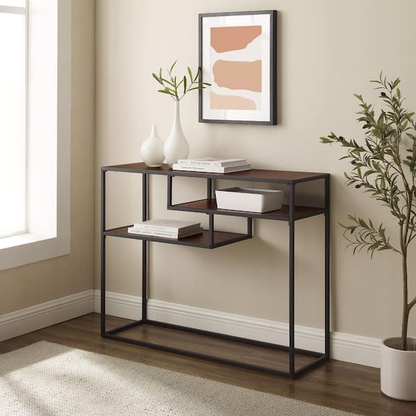 Walker Edison Furniture Company 42 in. Dark Walnut Rectangle Modern Console Table with 2-Shelves