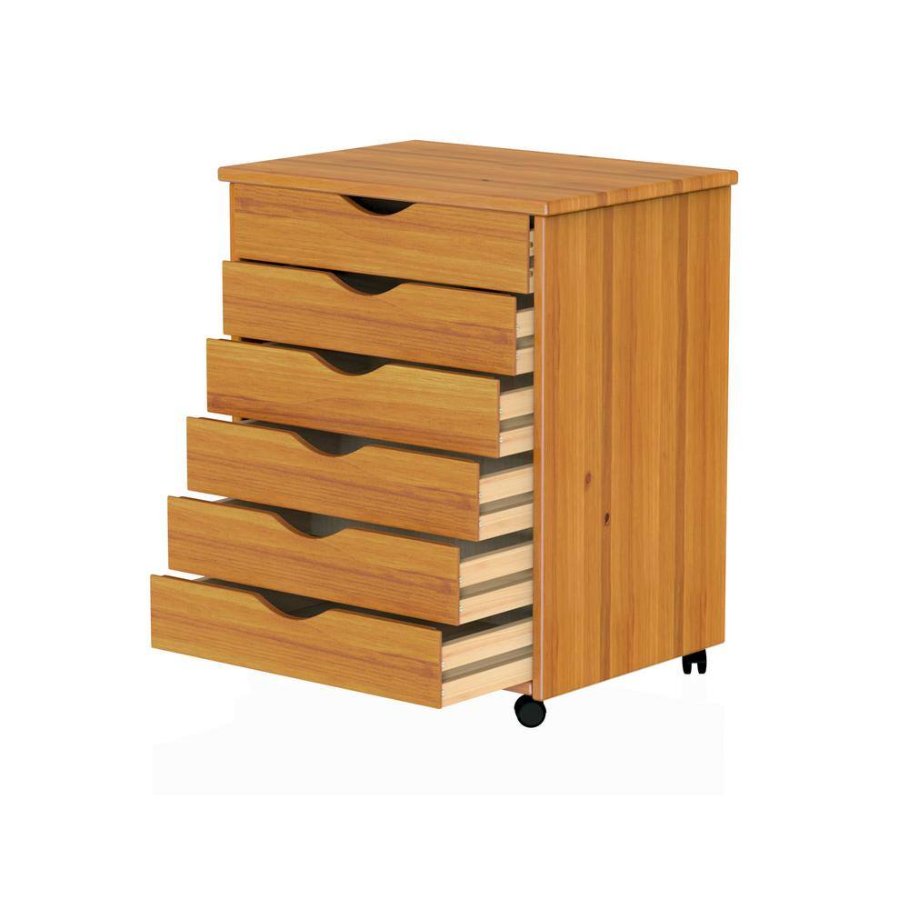 Medium Pine Solid Wood 6-Drawer Rolling Storage Cart