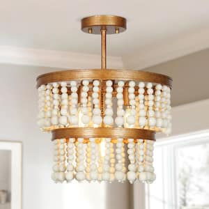 Modern Farmhouse Dining Room Ceiling Light 4-Light Antique Gold Round Semi-Flush Mount Light with White Wood Beads