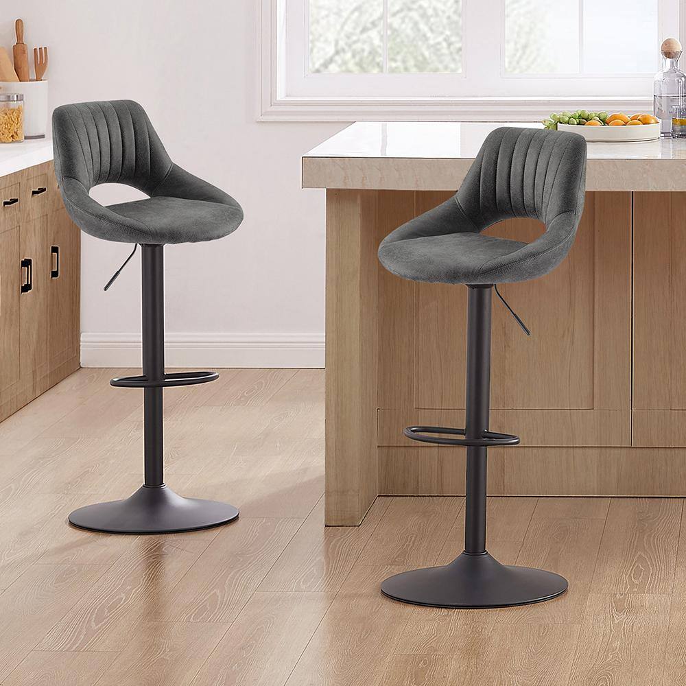 Gray Adjustable Swivel Faux Leather Bar Stools with Metal Base, Set of 2
