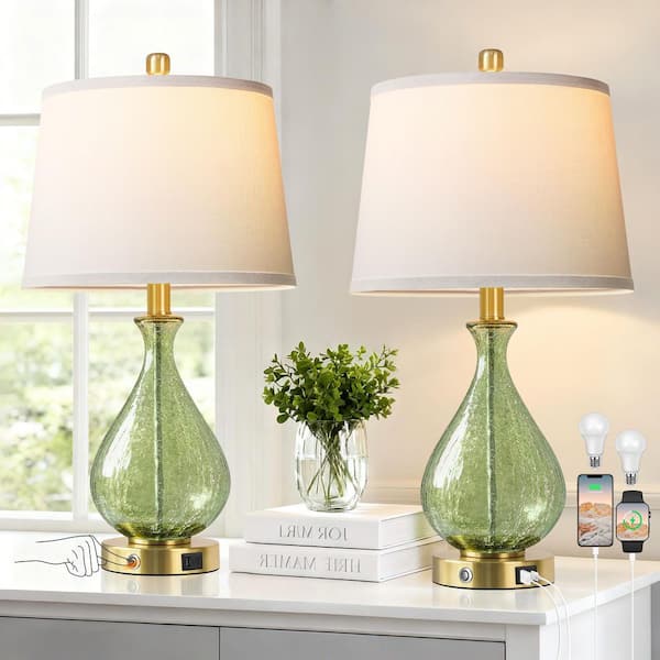 22.5 in. Modern Green Glass Table Lamps Set of 2 with USB A+C, 3 Way Dimmable Touch Lamps, Gold base