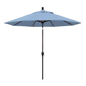 9 ft. Bronze Aluminum Pole Market Aluminum Ribs Push Tilt Crank Lift Patio Umbrella in Air Blue Sunbrella