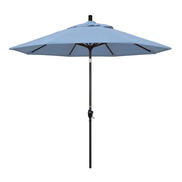 California Umbrella 9 ft. Bronze Aluminum Pole Market Aluminum Ribs Push Tilt Crank Lift Patio Umbrella in Air Blue Sunbrella