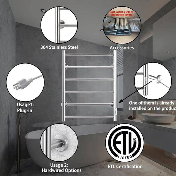Rapid Heating Wall Mount 6-Bar Screw-In Plug-In u0026 Hardwire Towel Warmer Rack  in Silver SI-6-Bar - The Home Depot