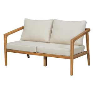 Haven Acacia Wood Outdoor Patio Loveseat with Beige Cushions, Teak