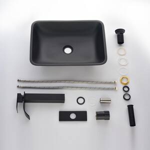Black Glass Rectangular Bathroom Vessel Sink with Black Faucet and Pop-Up Drain in Black