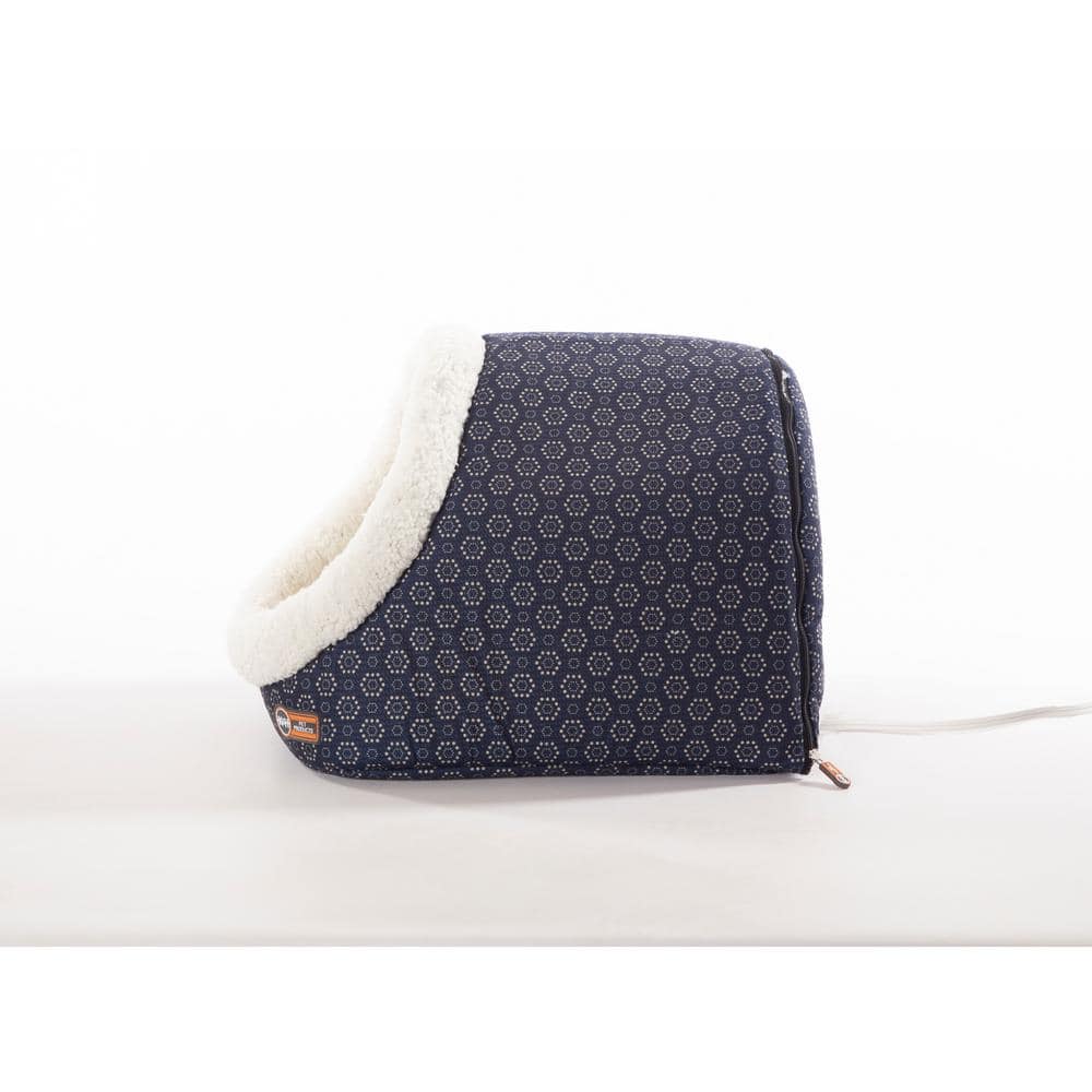 Navy Geo Flower Heated Cat Cave with Fleece Interior
